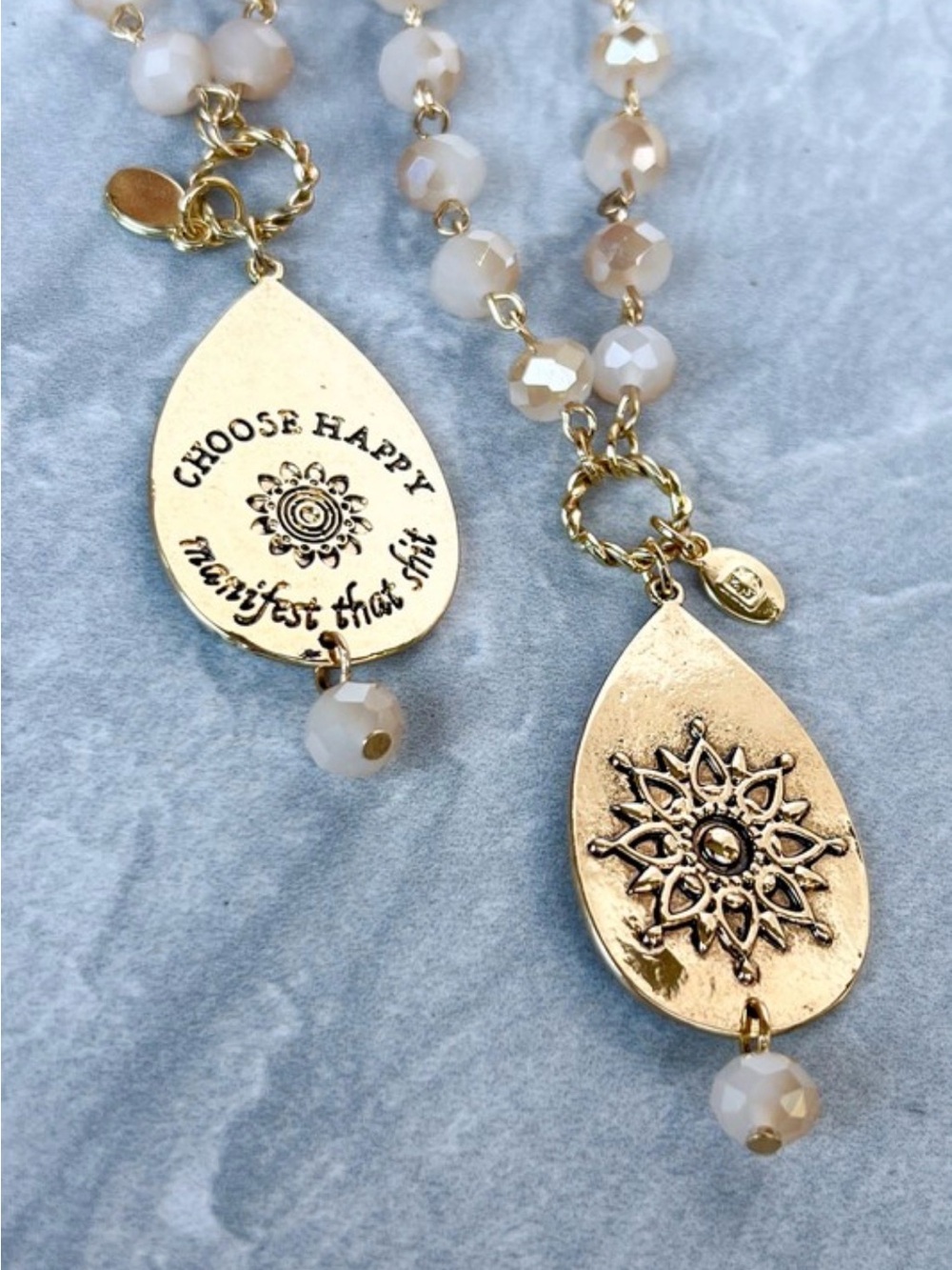 Dylan Jewelry Gold Teardrop Pendant Necklace with Beige Faceted Beads